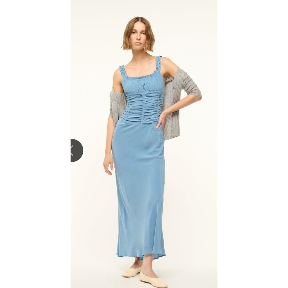 Staud Womens Nic Ruched Sleeveless Silk Maxi Dress Sz XL Slate‎ Blue Wedding